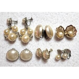 Vintage Clip On Screwback Earrings Lot 6 Pairs Faux Pearls Button Prong Set